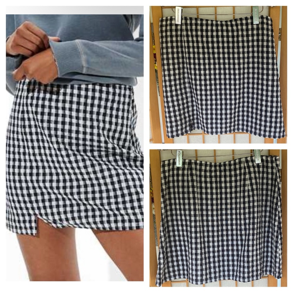 American Eagle Black/White Checked Cotton/Linen Notched Mini Skirt SZ L